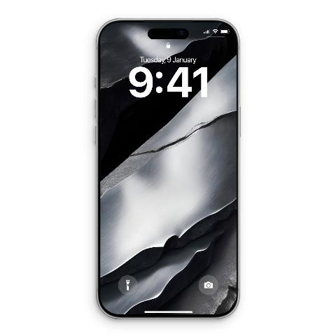 A silver iPhone displaying a black titanium aerospace wallpaper with sweeping metallic silver and deep charcoal slate ribbons cutting diagonally across the screen.