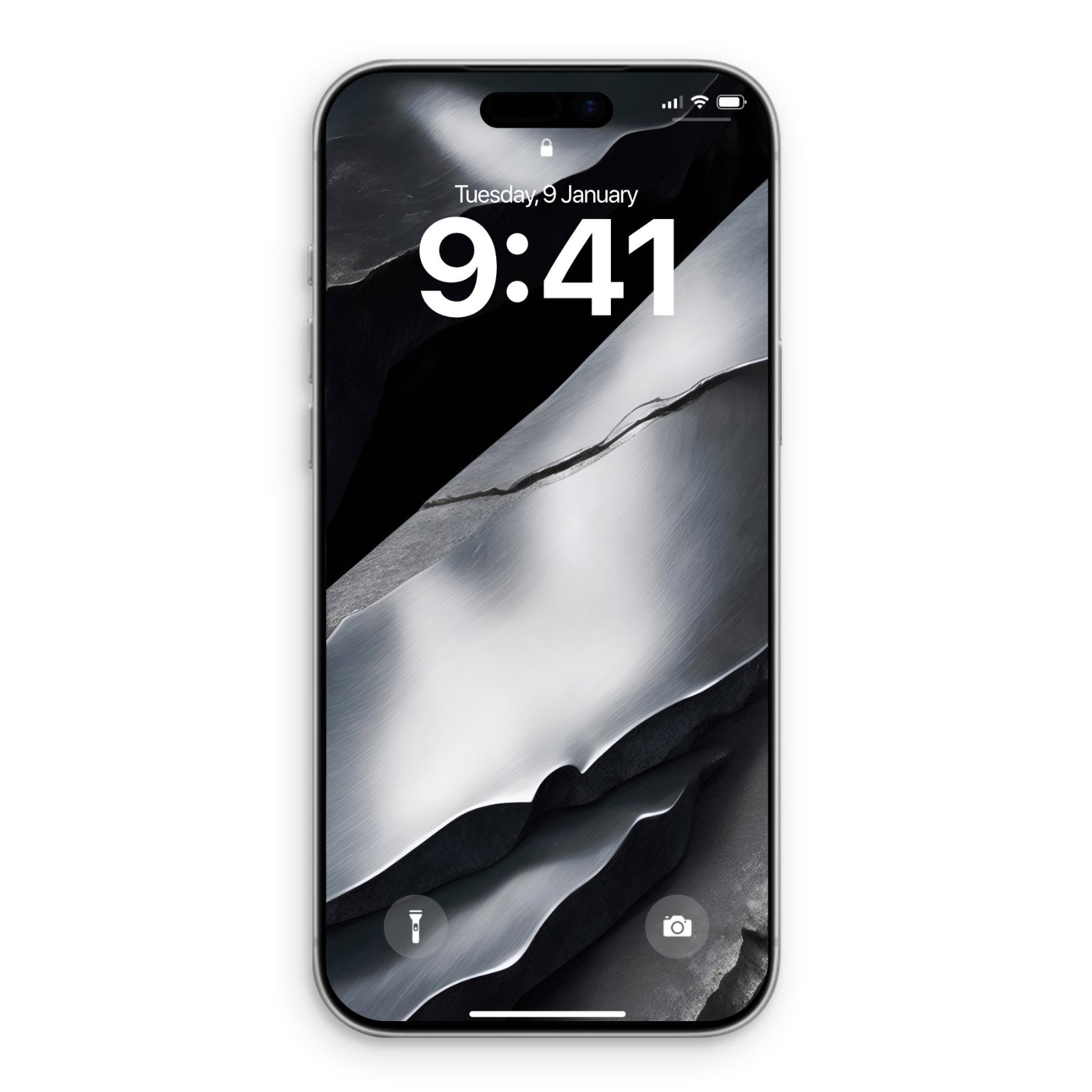 A silver iPhone displaying a black titanium aerospace wallpaper with sweeping metallic silver and deep charcoal slate ribbons cutting diagonally across the screen.