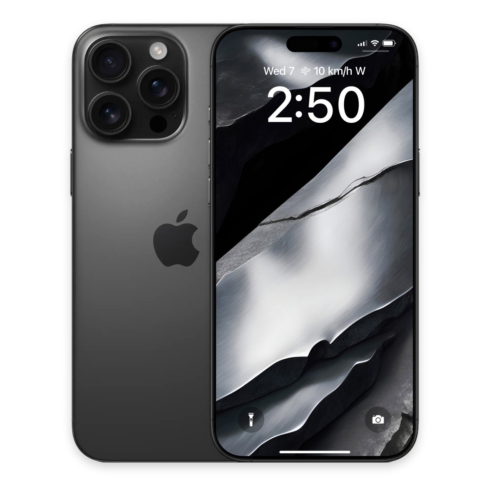 A dark gray iPhone with the black titanium aerospace wallpaper displayed on its screen, showcasing sweeping metallic silver and deep charcoal slate ribbons.