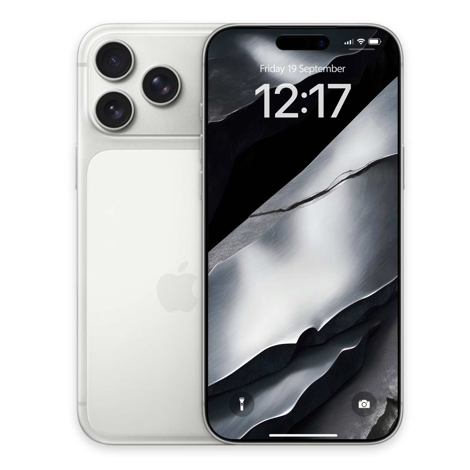 A white iPhone with the black titanium aerospace wallpaper displayed on its screen, showing sweeping metallic silver and deep charcoal slate ribbons.