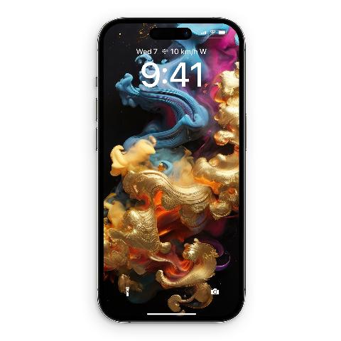 An iPhone displaying a gold, blue, and magenta fluid metallic smoke wallpaper on a black background, with the time 9:41 AM visible.