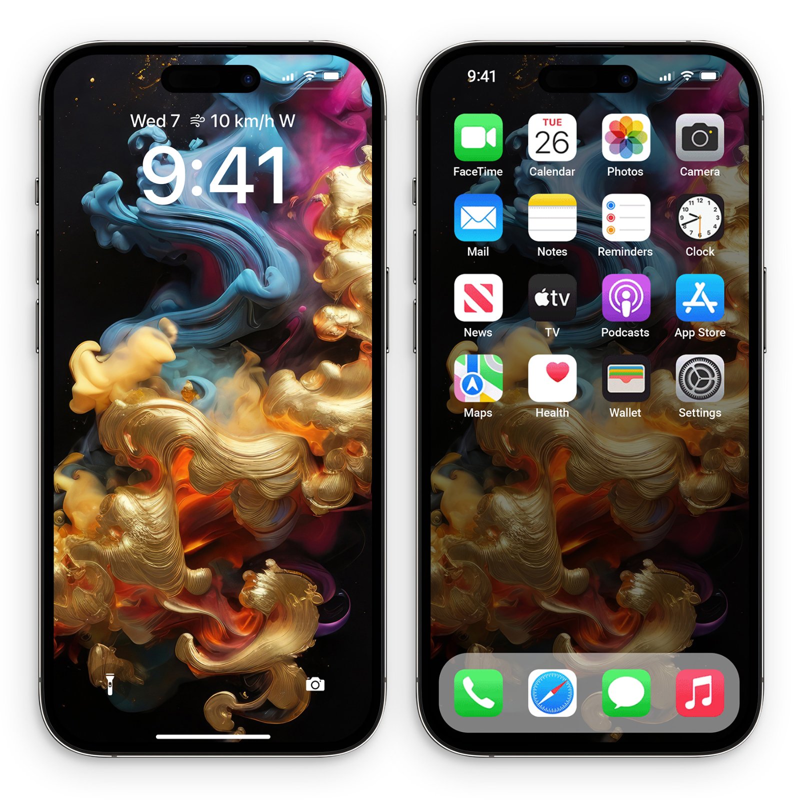 An iPhone showing a gold, blue, and magenta fluid metallic smoke wallpaper on a black background, with the lock screen on the left and the home screen with app icons on the right.