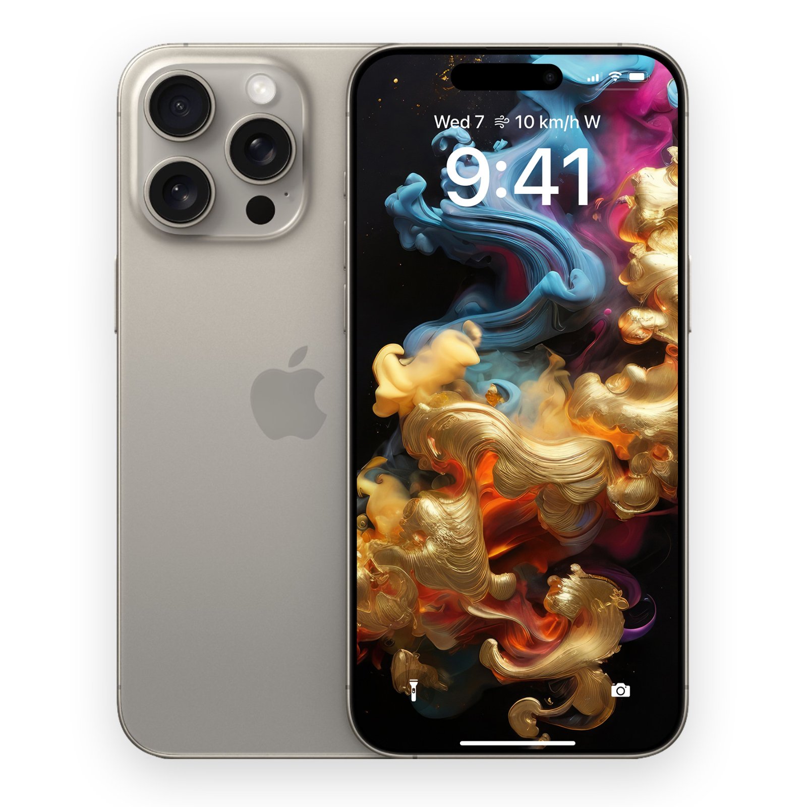 A gold iPhone with its display showing a gold, blue, and magenta fluid metallic smoke wallpaper on a black background.