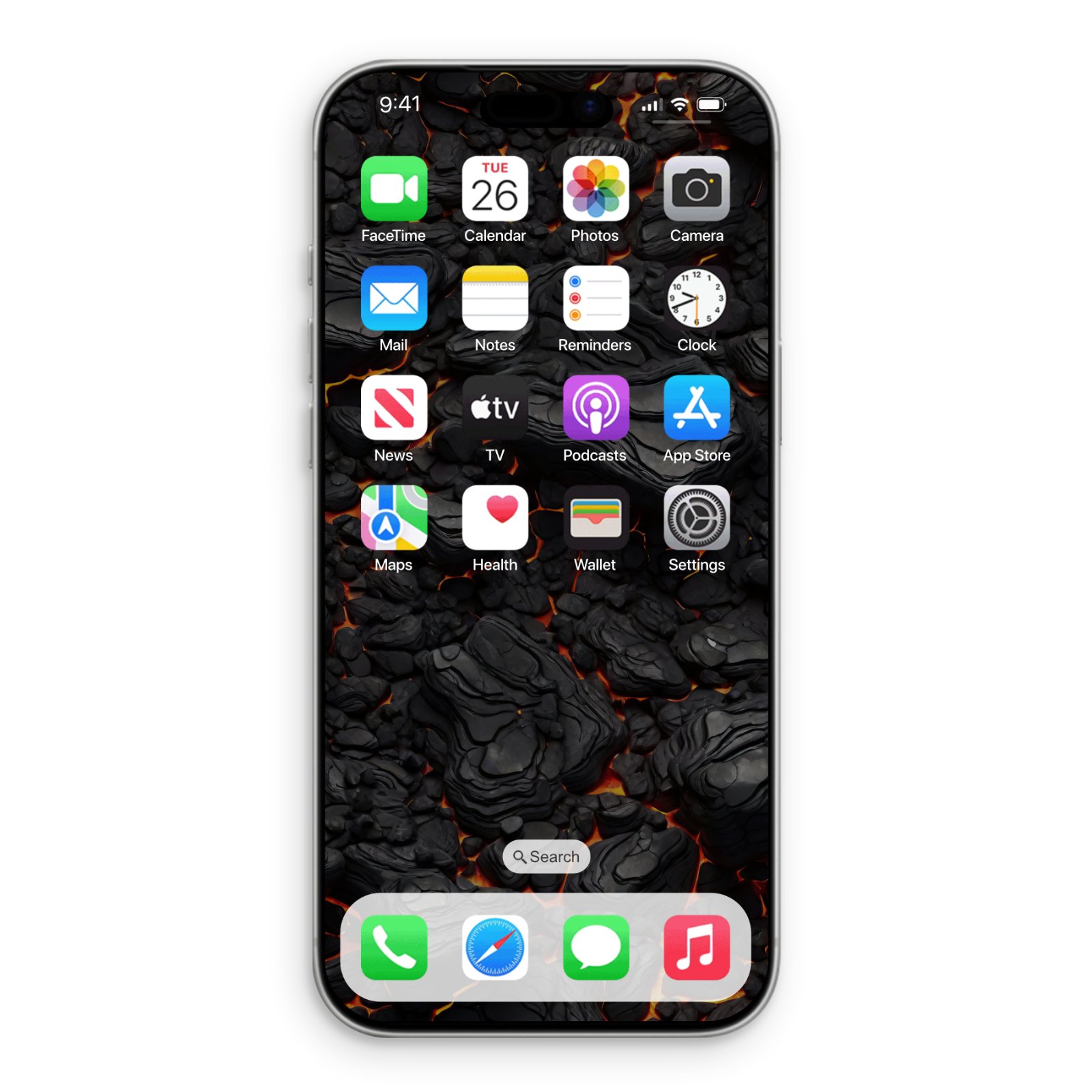 A smartphone home screen showing app icons over a background of black volcanic rock and glowing magma crevices.