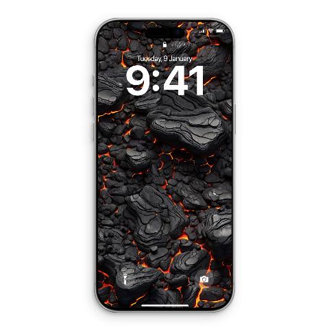 A smartphone lock screen displaying dark charcoal volcanic rocks with glowing orange molten lava in the crevices between them.