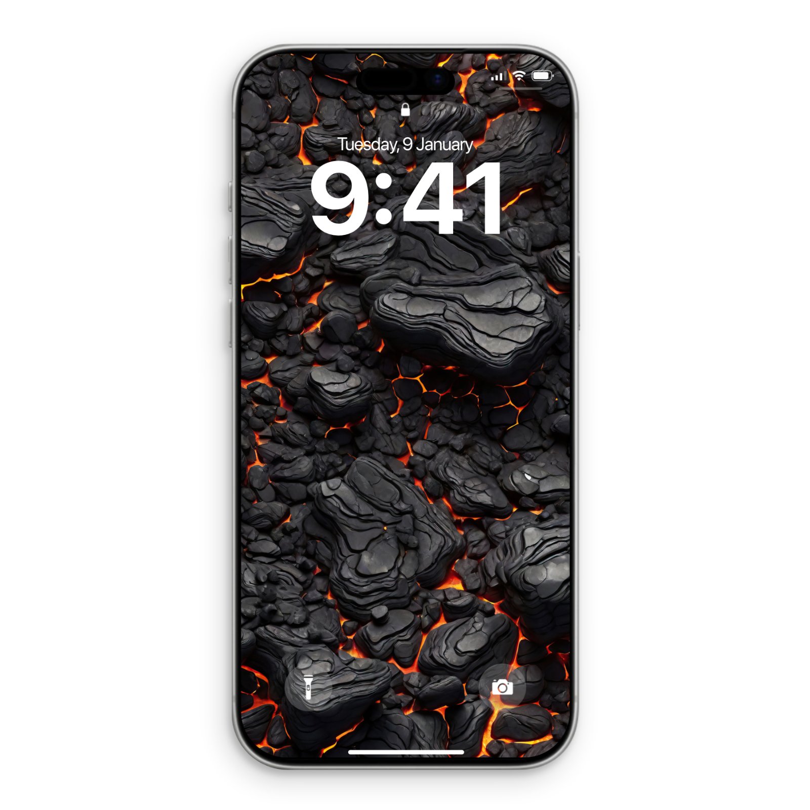 A smartphone lock screen displaying dark charcoal volcanic rocks with glowing orange molten lava in the crevices between them.