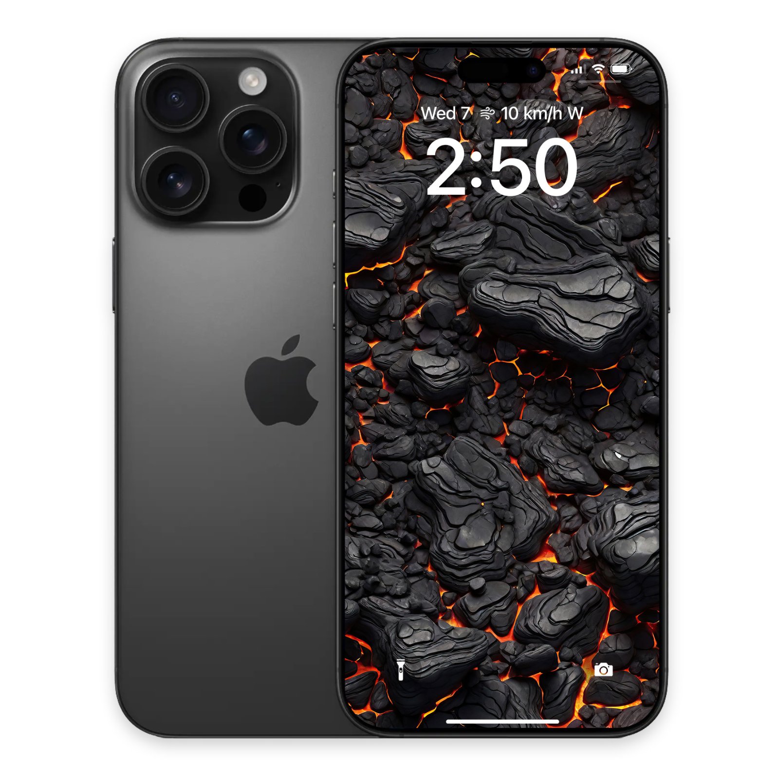 A dark grey smartphone alongside a lock screen showing volcanic rock crust with molten orange lava glowing in the fissures.