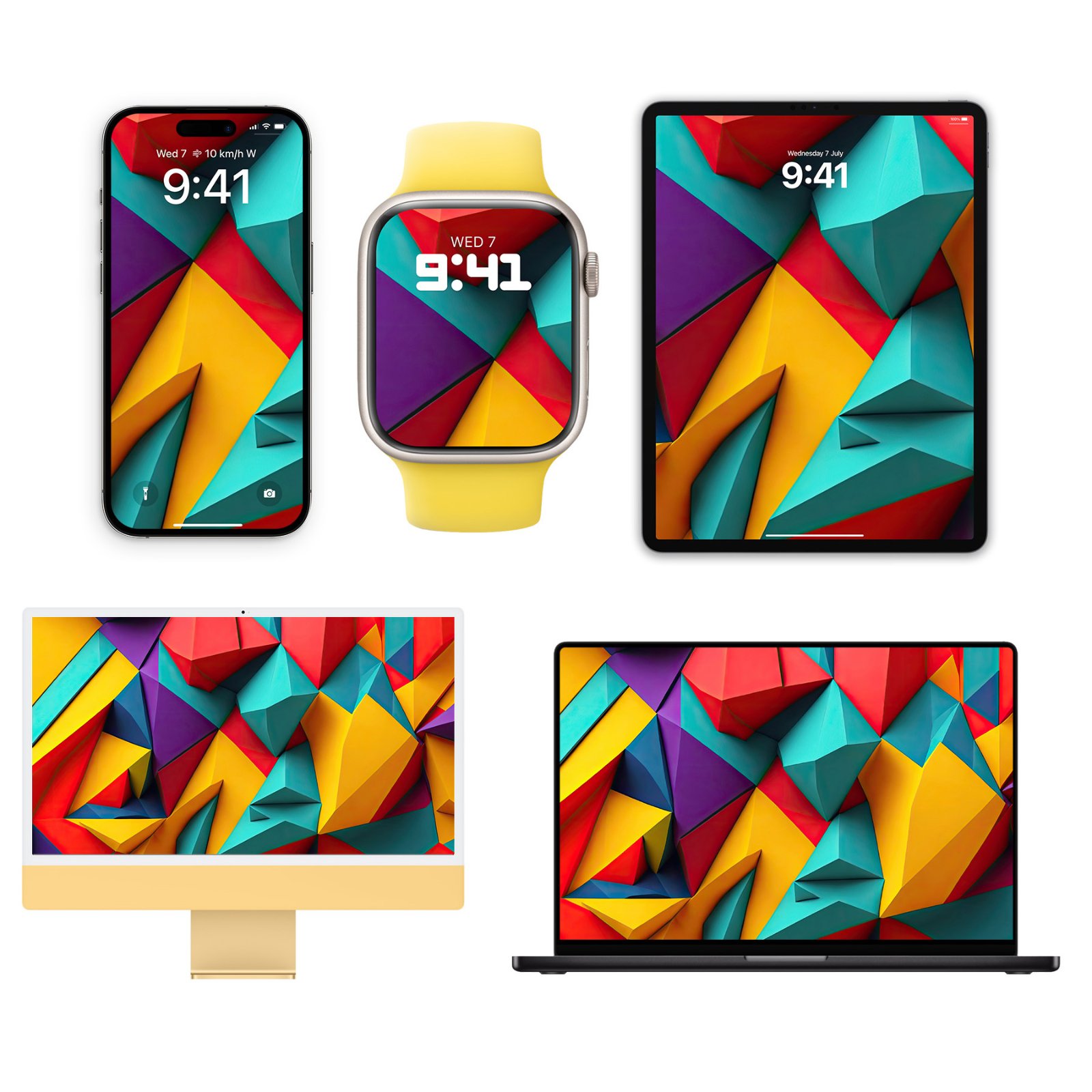 Five Apple devices displaying a vibrant multi-color 3D low-poly geometric abstract artwork set against a white background.