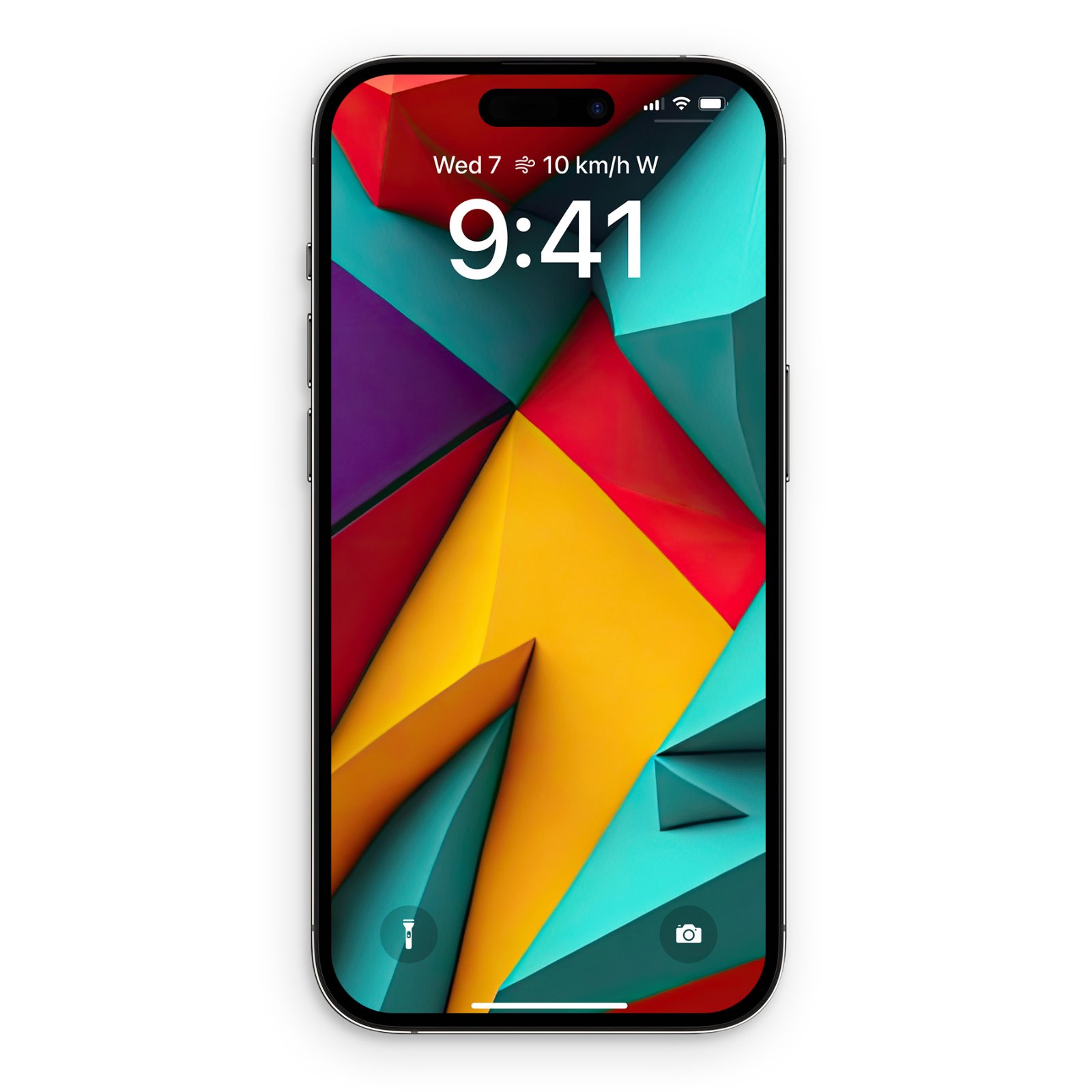 An iPhone displaying a close-up of colorful 3D geometric polyhedrons with yellow, red, turquoise, and purple facets.