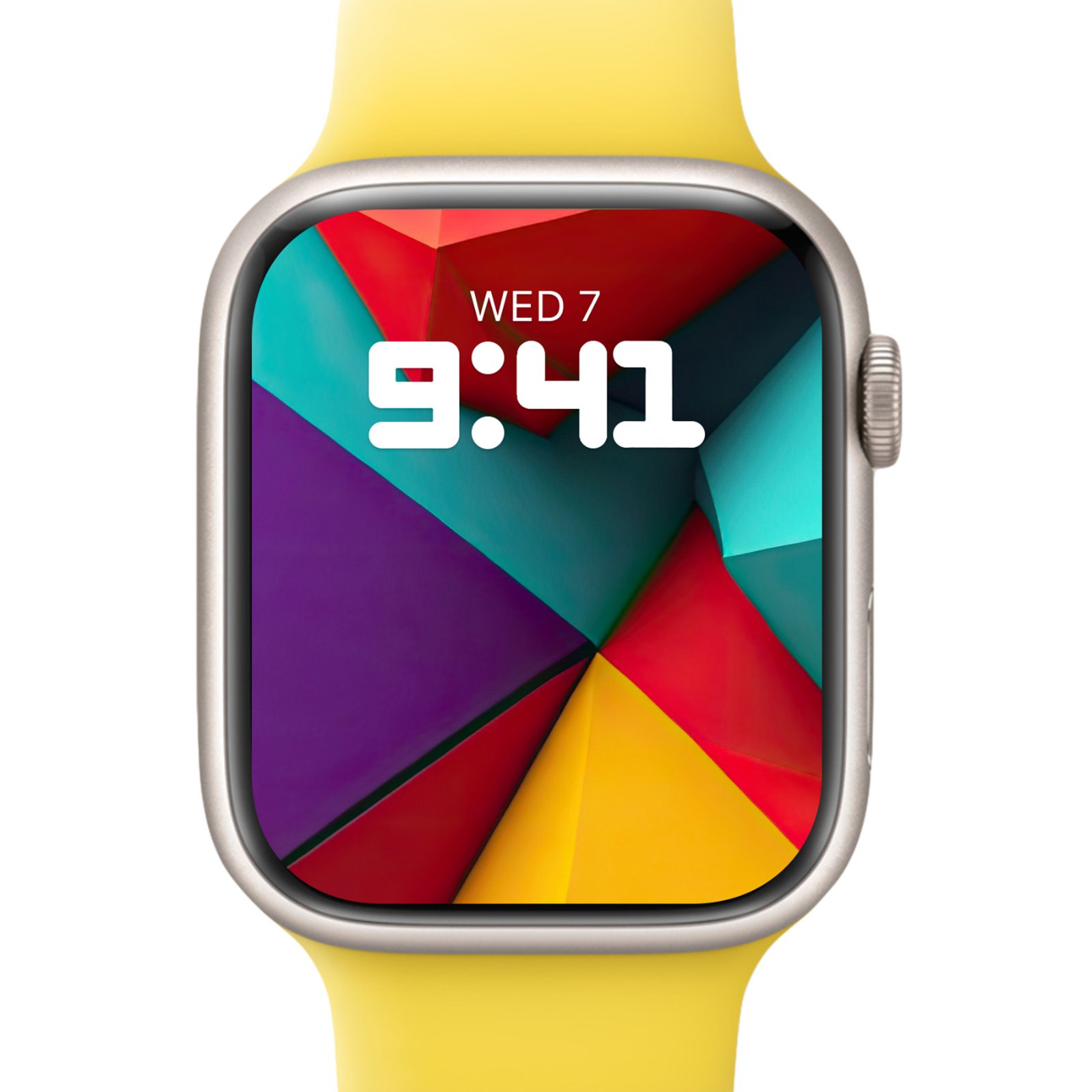 An Apple Watch with a yellow strap showing a colorful 3D geometric abstract background on its screen.