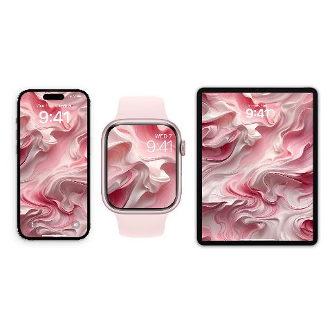 An iPhone, Apple Watch, and iPad displayed side-by-side, each featuring a fluid 3D abstract artwork with swirling ribbons of blush pink, rose, and creamy white.