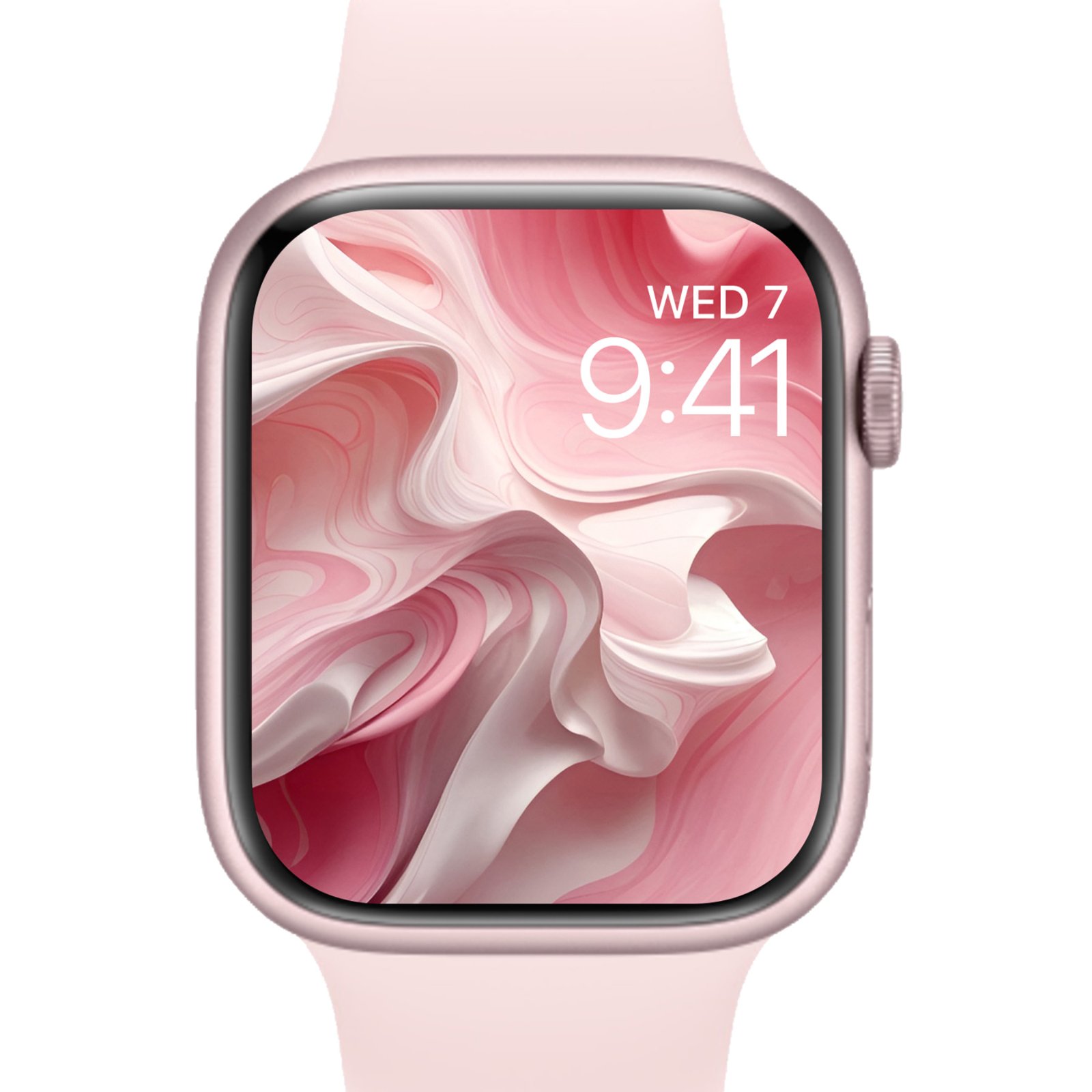 An Apple Watch with a pink band displaying a detailed close-up of sculpted blush and magenta fluid waves on its screen.