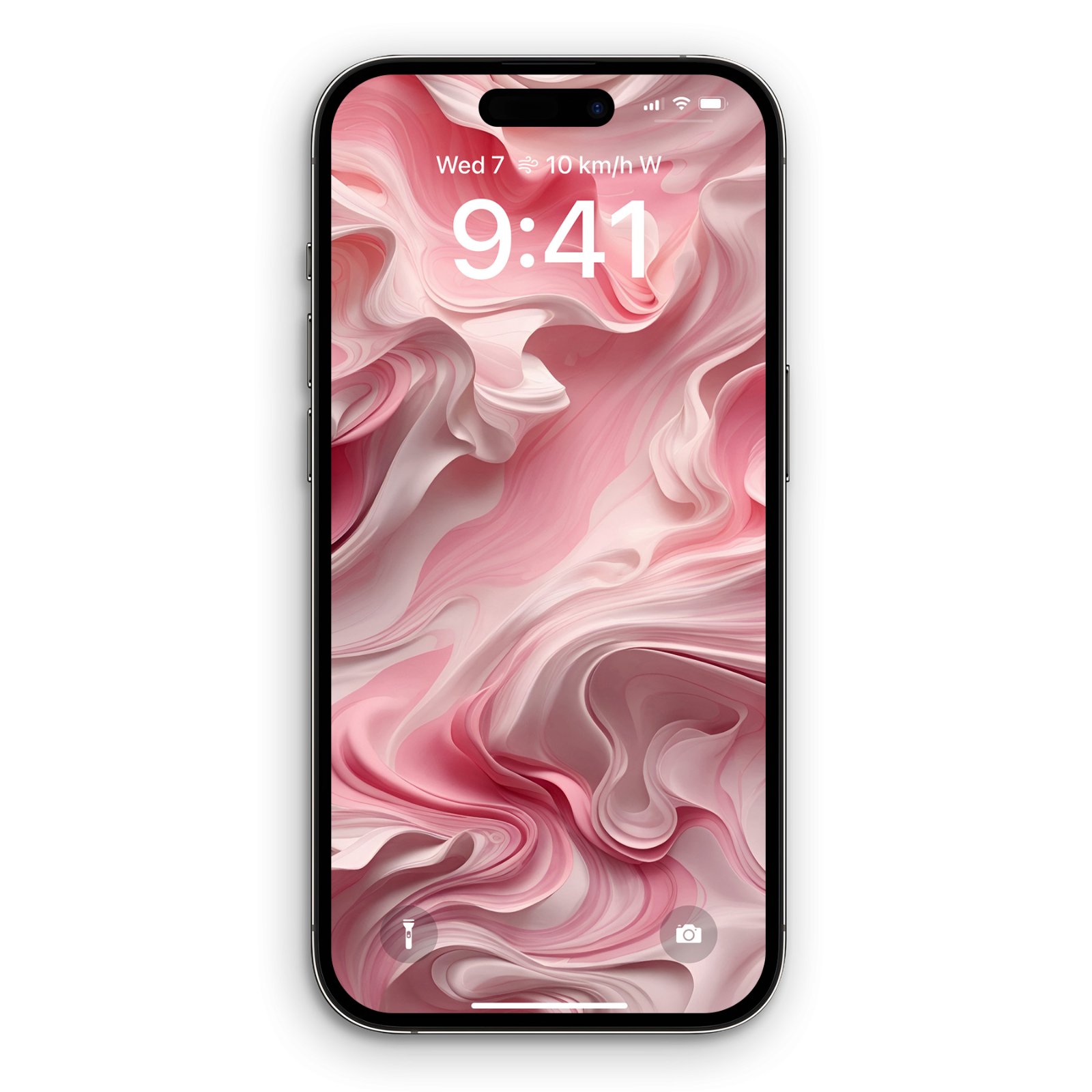 An iPhone lock screen displaying a 3D abstract wallpaper of layered pink liquid swirls with soft highlights and deep rose shadows.