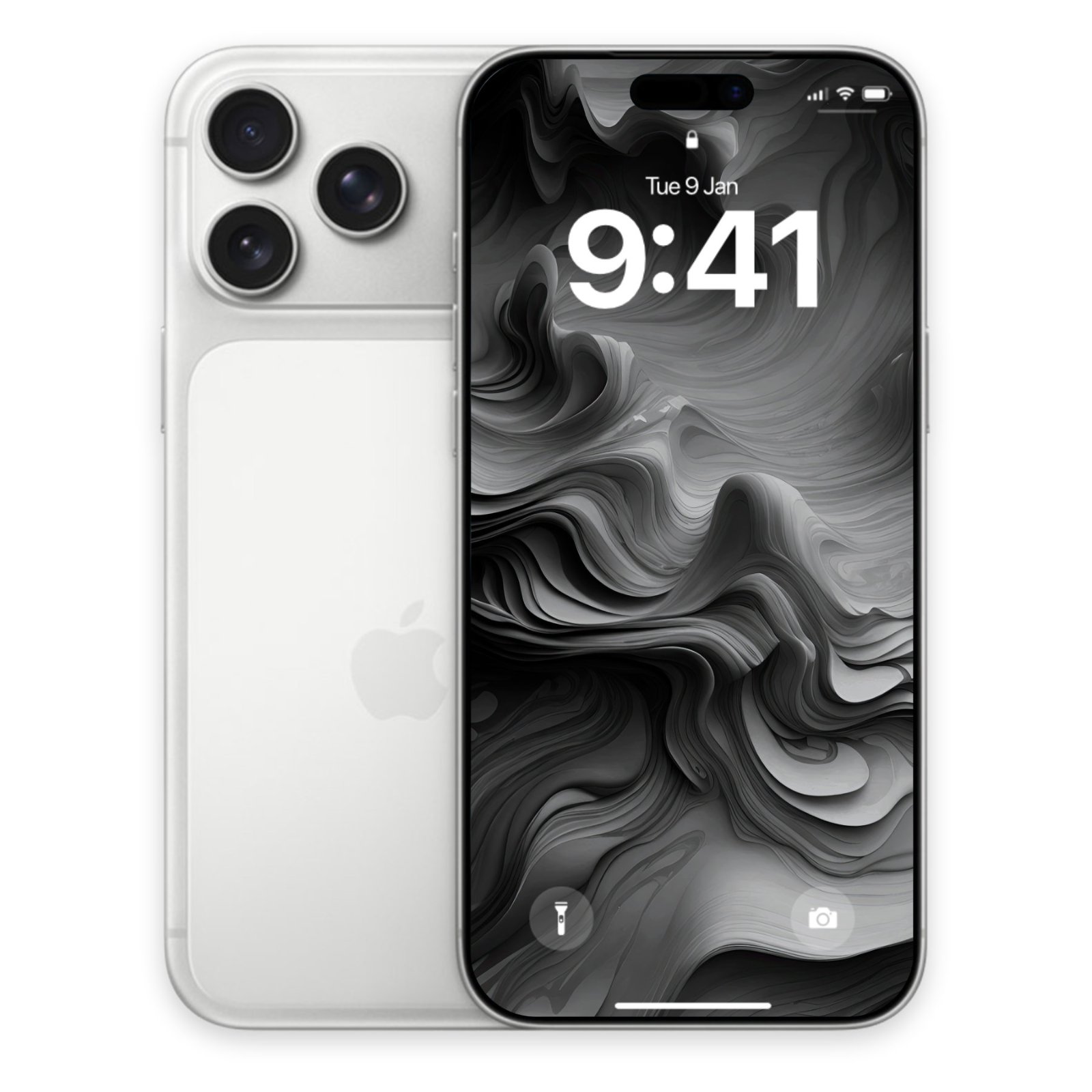 A silver iPhone 17 Pro Max is shown from the front and back, with its screen displaying a black and white 3D swirl abstract wallpaper and the time 9:41.