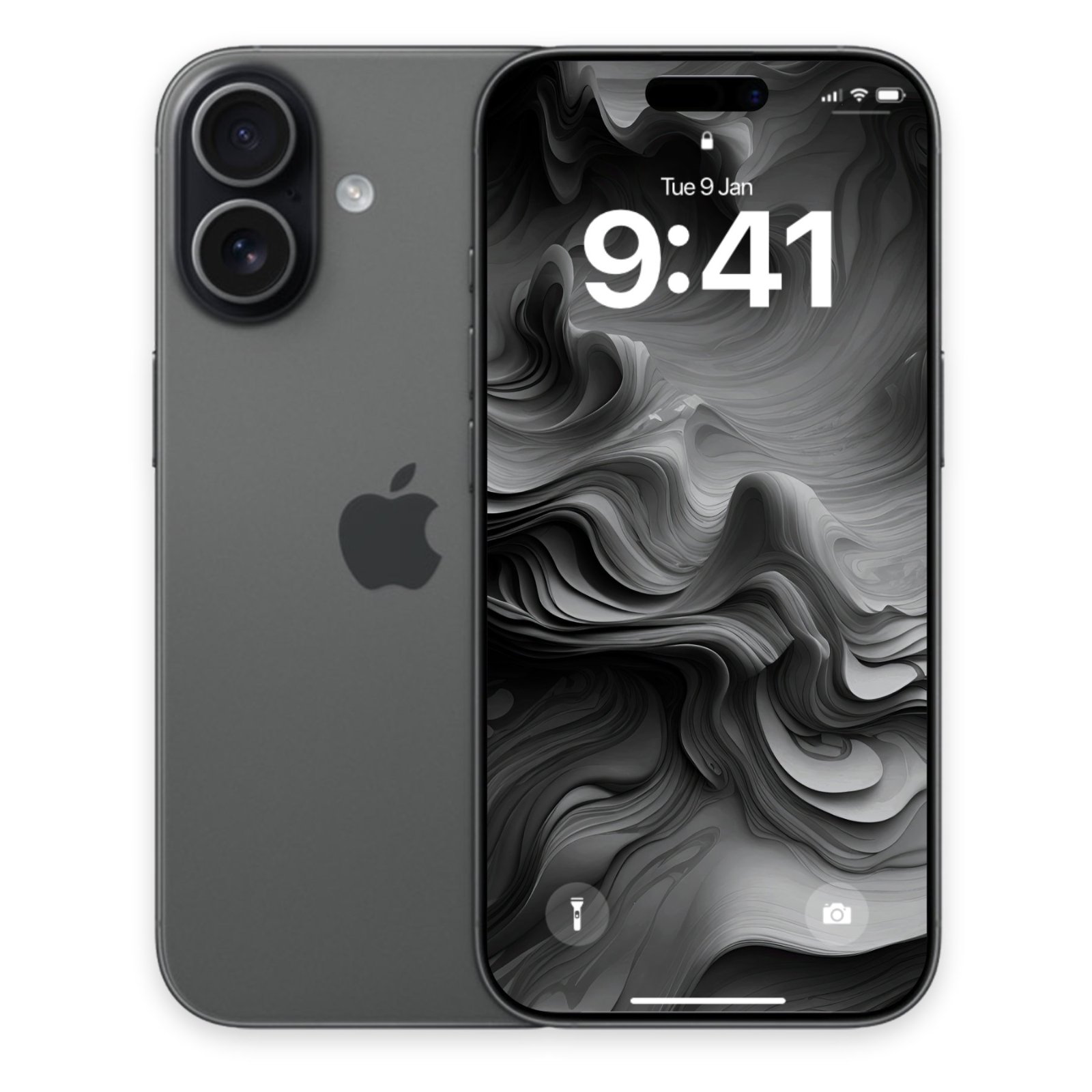A dark grey iPhone 17 is shown from the front and back, with its screen displaying a black and white 3D swirl abstract wallpaper and the time 9:41.