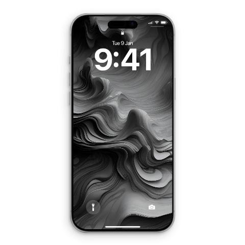 A silver iPhone 17 Pro Max with black screen displaying a black and white 3D swirl abstract wallpaper, showing the time 9:41 on a lock screen.