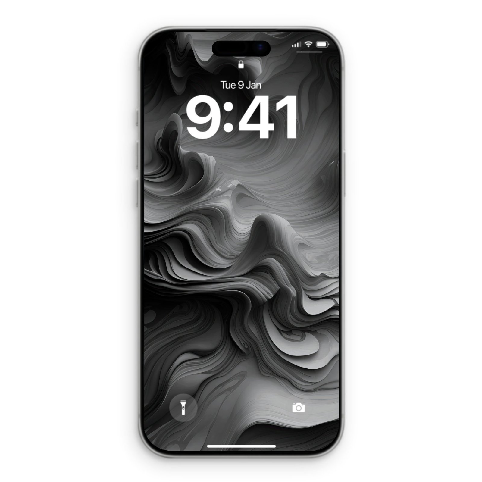 A silver iPhone 17 Pro Max with black screen displaying a black and white 3D swirl abstract wallpaper, showing the time 9:41 on a lock screen.