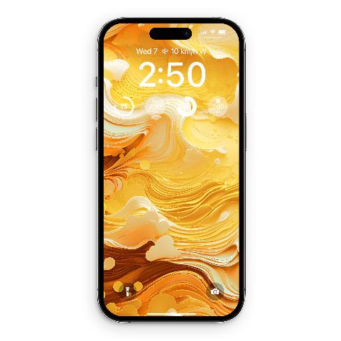 A black iPhone with a yellow, orange, and white abstract swirl wallpaper displayed on its screen, showing the time 2:50.