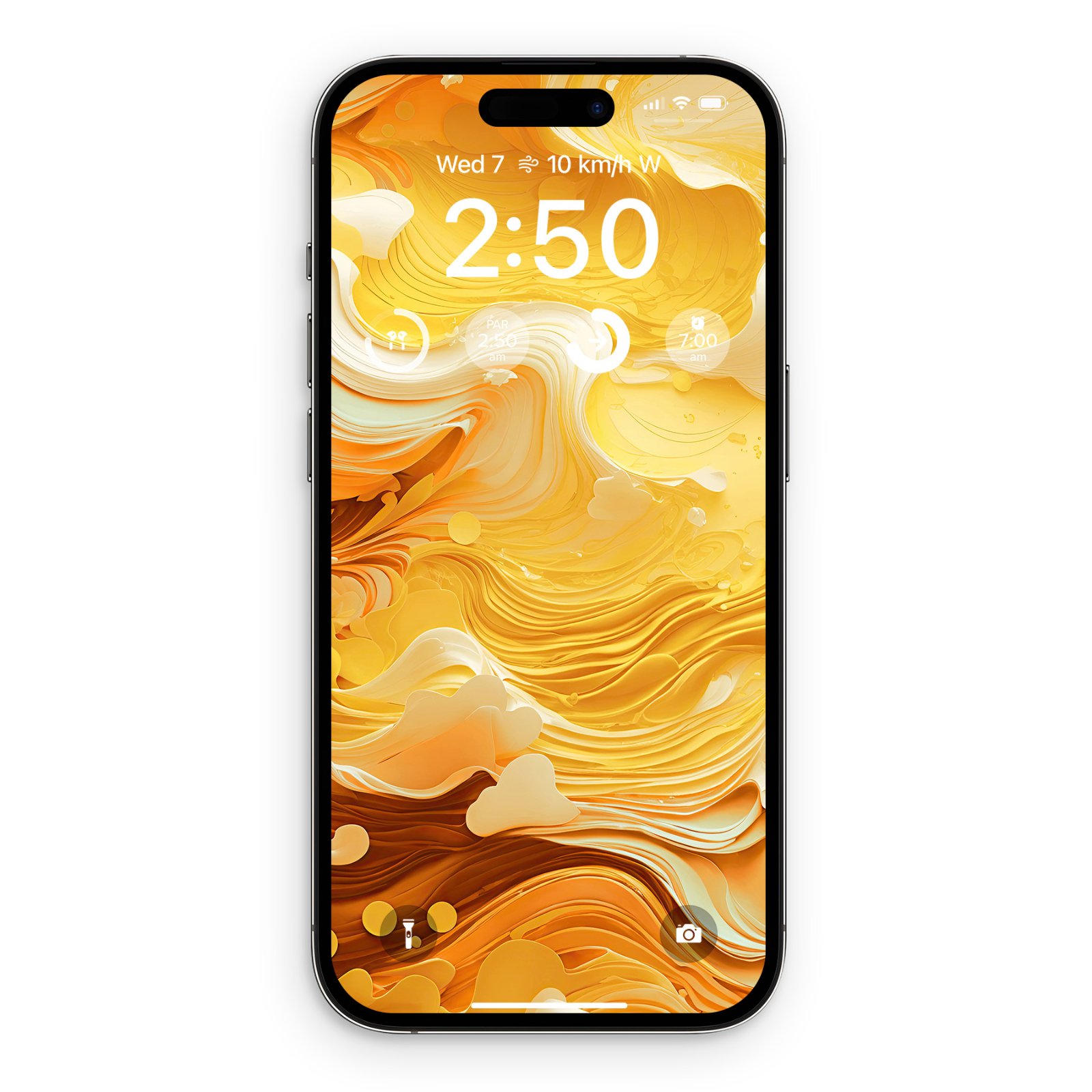 A black iPhone with a yellow, orange, and white abstract swirl wallpaper displayed on its screen, showing the time 2:50.