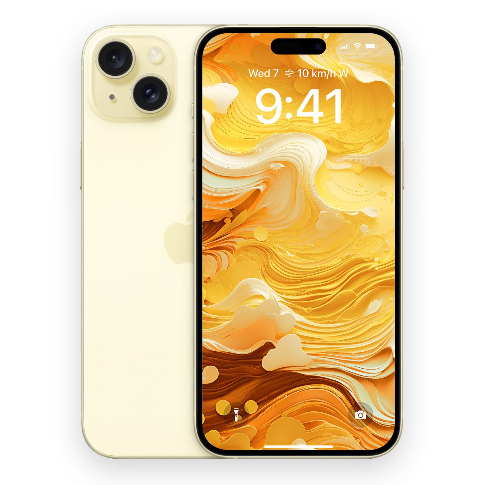 A yellow iPhone 14 with a yellow, orange, and white abstract swirl wallpaper displayed on its screen, showing the time 9:41, viewed from the front and back.