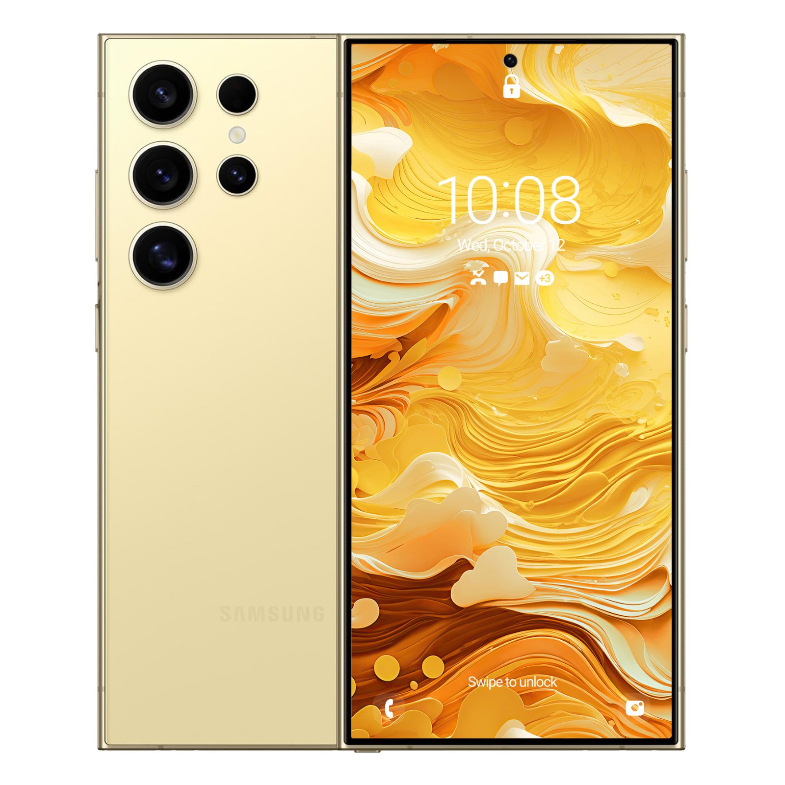 A light gold Samsung Galaxy S24 Ultra with a yellow, orange, and white abstract swirl wallpaper displayed on its screen, showing the time 10:08, viewed from the front and back.