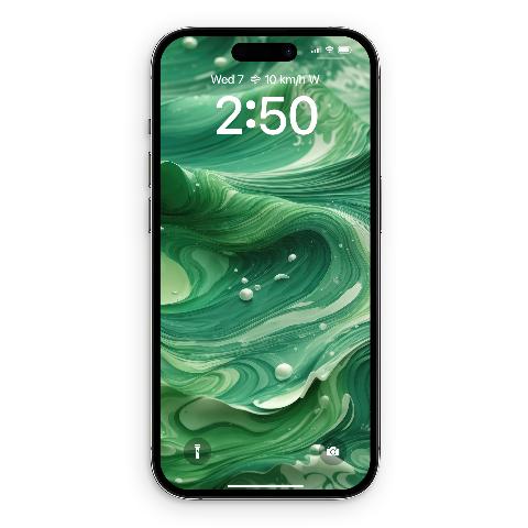 An iPhone lock screen displaying a fluid abstract artwork with swirls of emerald green, mint, and white acrylic paint with small droplets.