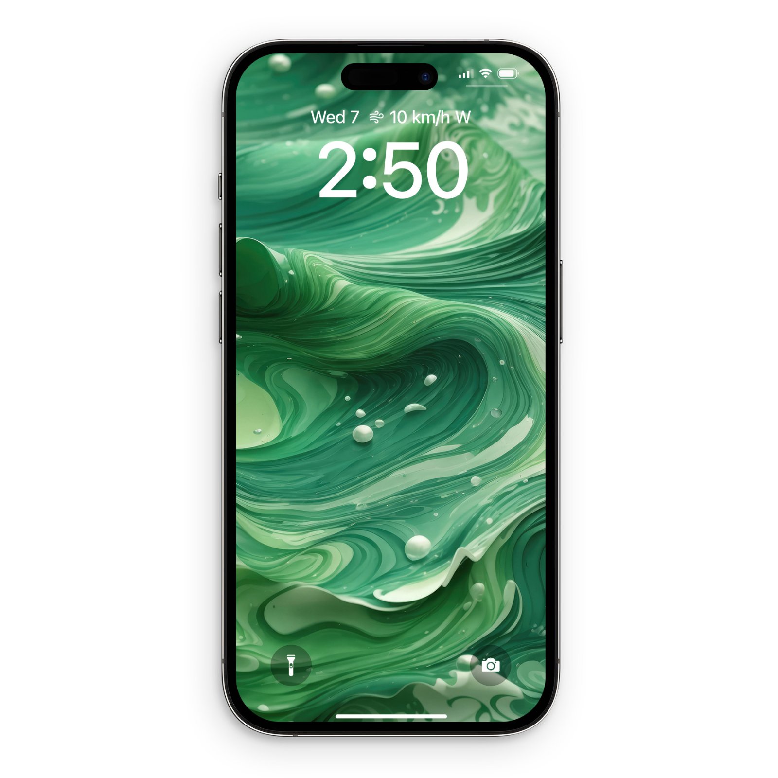 An iPhone lock screen displaying a fluid abstract artwork with swirls of emerald green, mint, and white acrylic paint with small droplets.