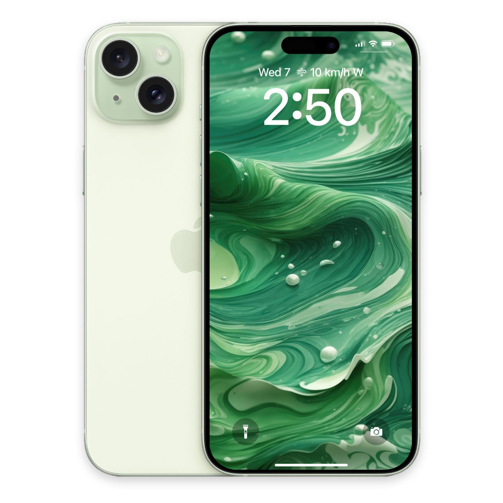 A pale green iPhone shown next to its lock screen displaying an abstract green marble swirl wallpaper.
