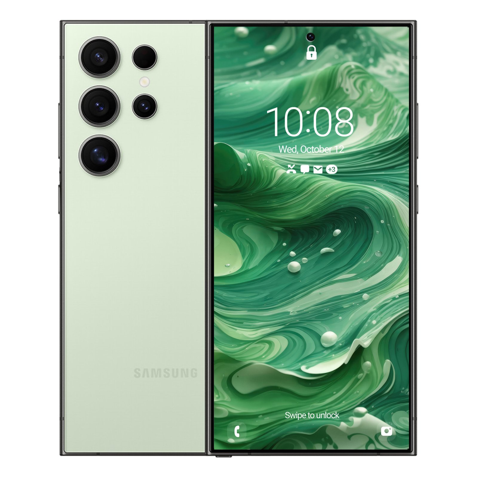 A pale green Samsung Galaxy Ultra phone shown beside its lock screen featuring a green and cream liquid acrylic swirl wallpaper.