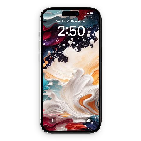 An iPhone 15 Pro Max displaying a dynamic abstract wallpaper with thick cream and amber paint swirls against a dark background, accented with crimson, teal, and ochre ribbons.