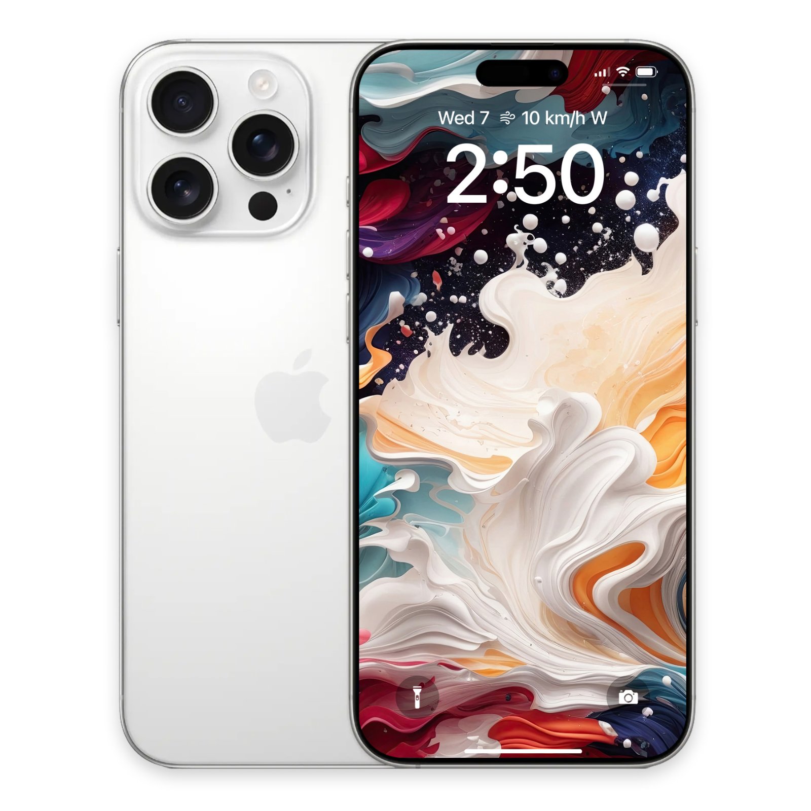 A white iPhone 15 Pro Max, front and back, displaying a dynamic abstract wallpaper with thick cream and amber paint swirls against a dark background, accented with crimson, teal, and ochre ribbons.