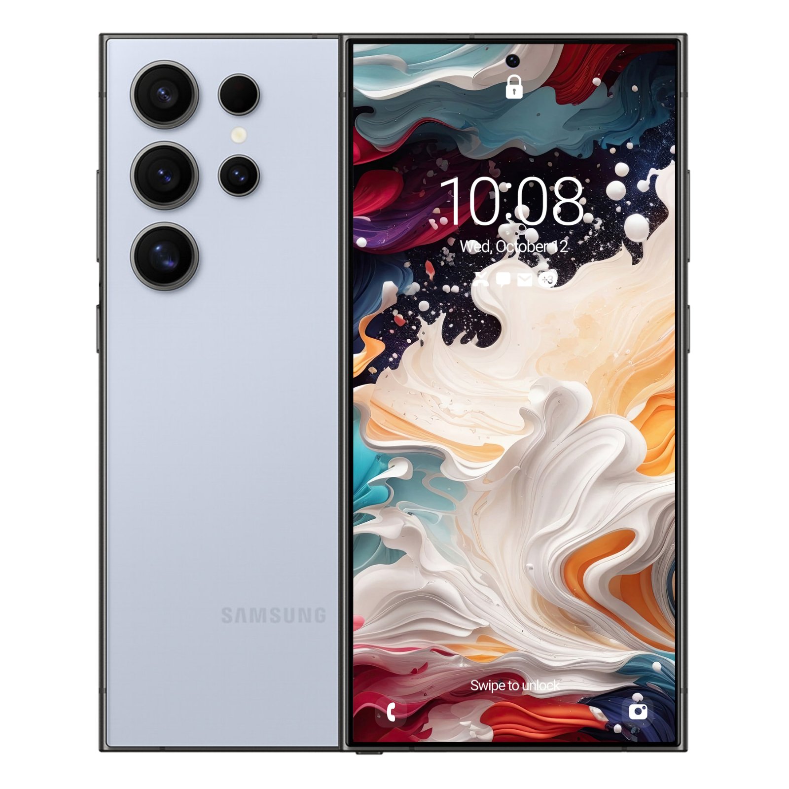 A light gray Samsung Galaxy S24 Ultra, front and back, displaying a dynamic abstract wallpaper with thick cream and amber paint swirls against a dark background, accented with crimson, teal, and ochre ribbons.