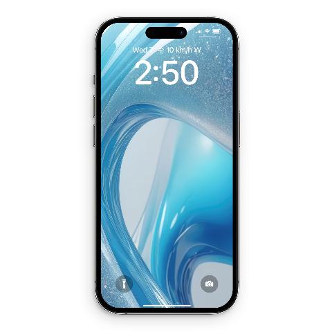 An iPhone lock screen displaying an abstract wallpaper with glowing translucent blue waves and fine silver specks on a cool background.