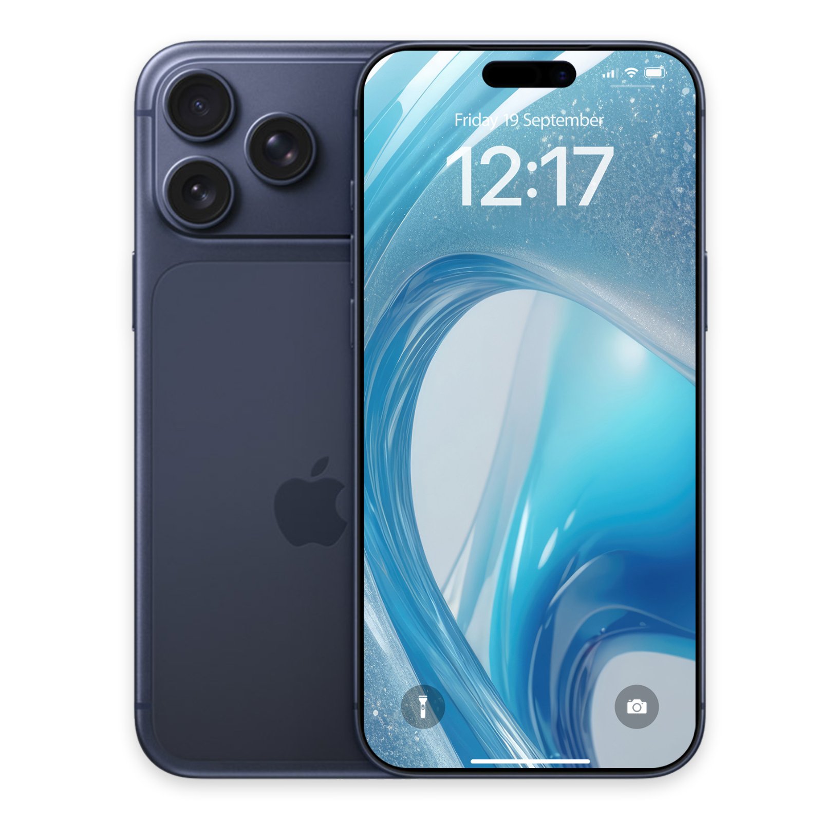 A dark grey iPhone next to its front display showcasing the blue fluid glass wave wallpaper.