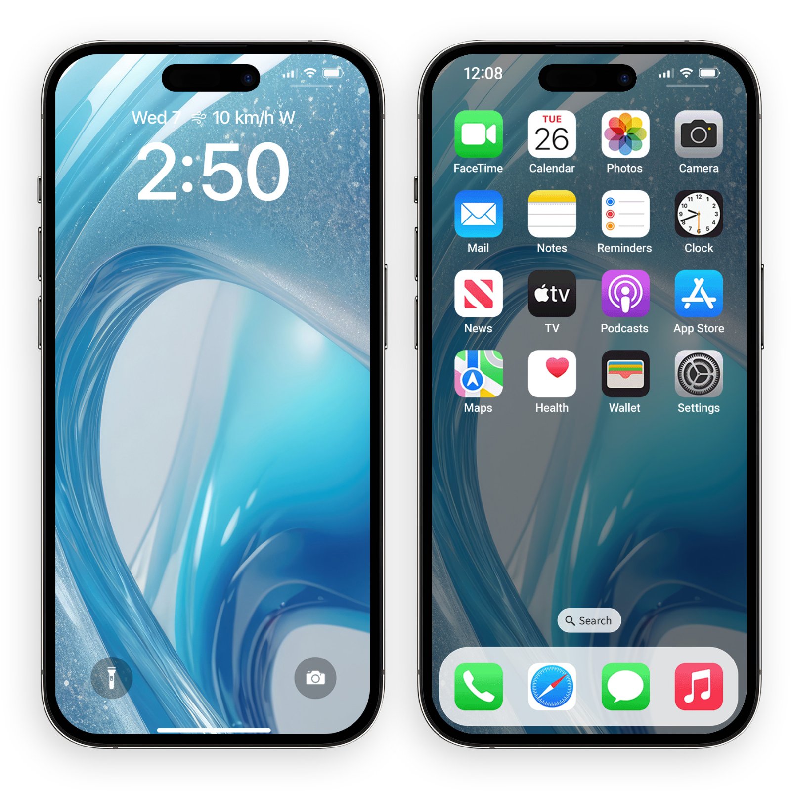 Two iPhone mockups side-by-side showing the blue glitter waves abstract wallpaper on both lock screen and home screen layouts.