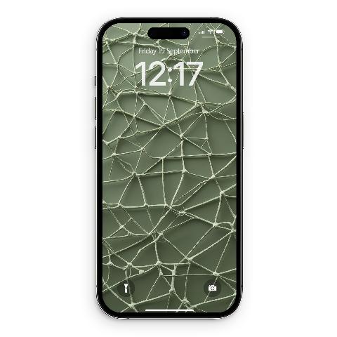 An iPhone 17 Pro with a sage green abstract wallpaper featuring an intricate web of light green cords creating a geometric pattern, displayed on the lock screen.