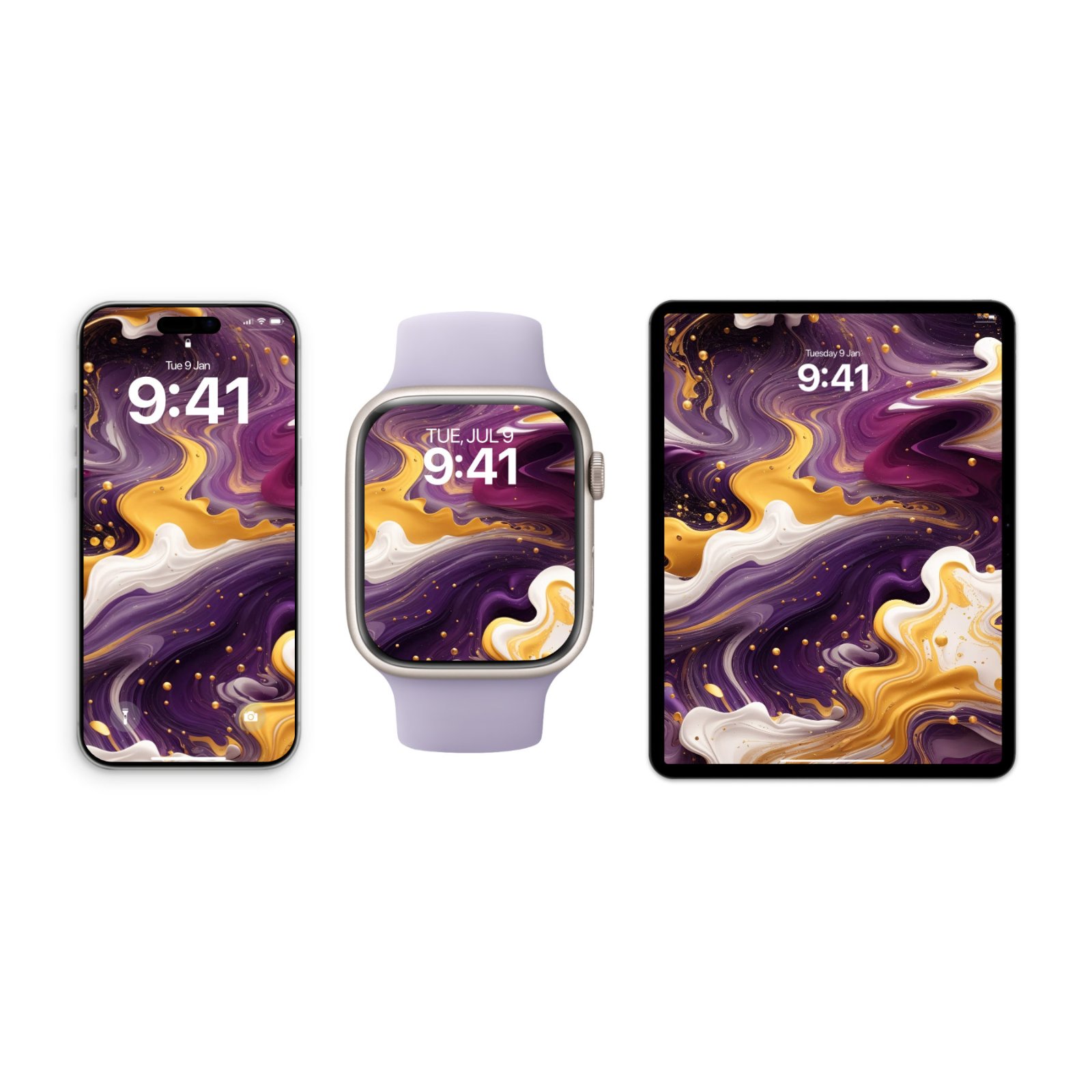 iPhone, Apple Watch, and iPad displaying a purple, gold, and cream fluid paint pour wallpaper with diagonal swirling ribbons and scattered metallic droplets, shown on devices with light gray backgrounds.