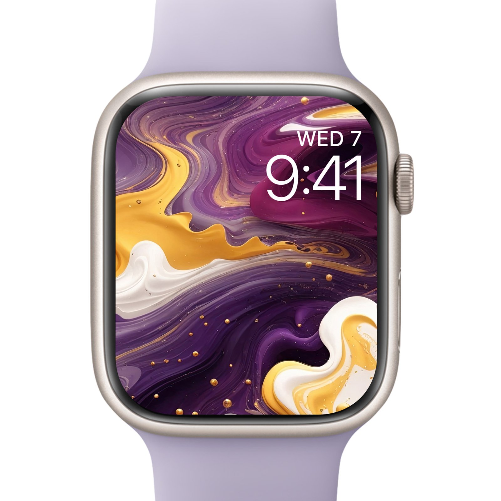 Apple Watch face displaying the same purple, gold, and white fluid swirl pattern scaled to fit the compact square screen, with time displayed at 9:41.