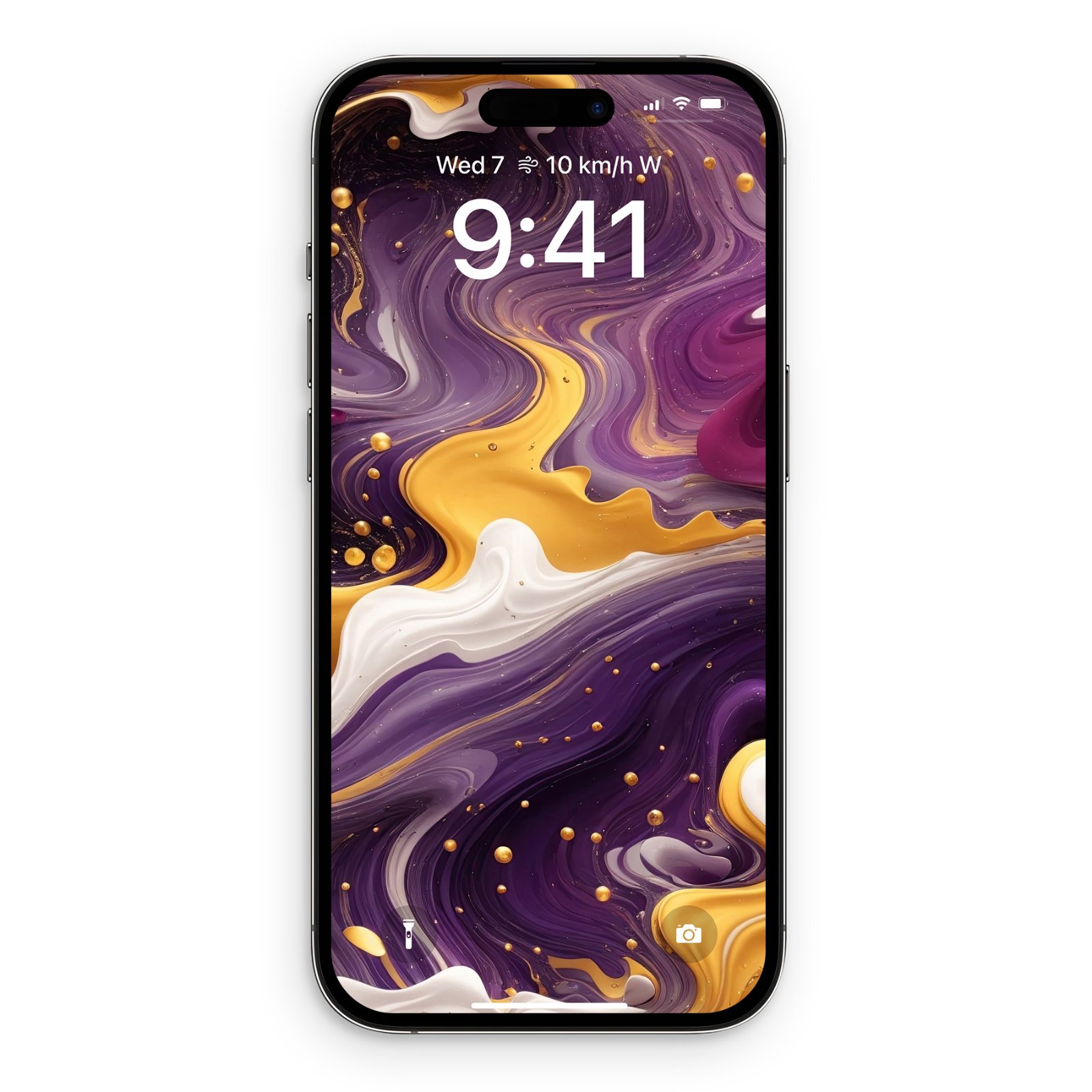 iPhone lock screen showing deep royal purple and molten gold swirling ribbons with cream white curves and tiny golden droplets suspended throughout the composition.
