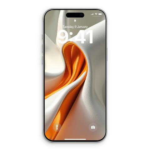 Smartphone screen showing an abstract design of folded white textured fabric opening to reveal a bright orange inner core.
