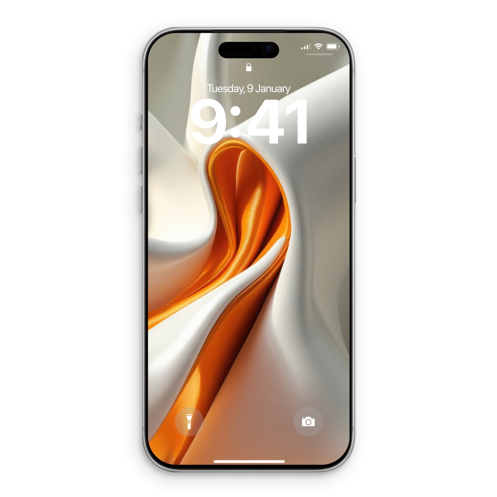 Smartphone screen showing an abstract design of folded white textured fabric opening to reveal a bright orange inner core.