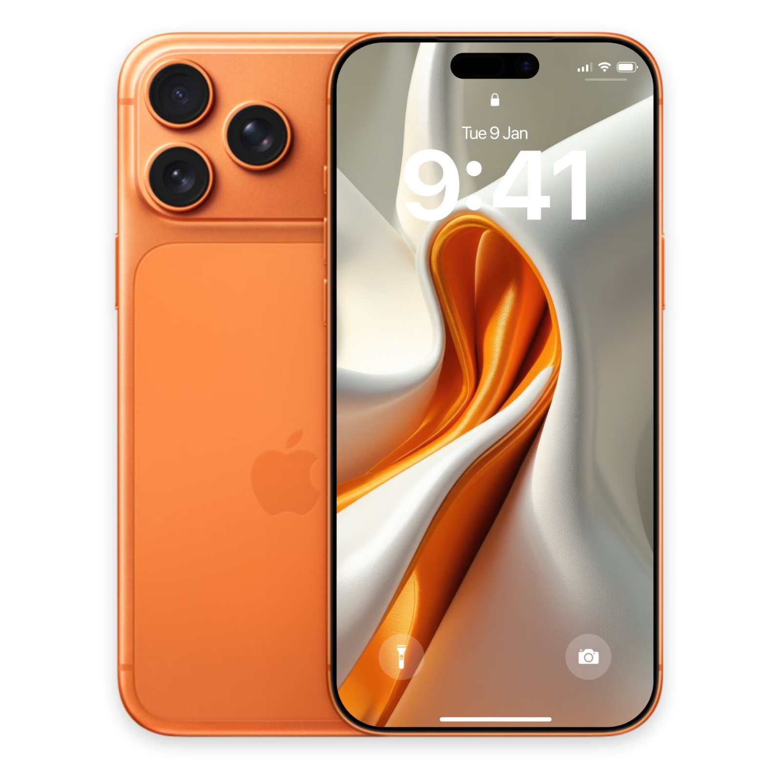 Orange smartphone shown next to its screen featuring the white and vibrant orange sculptural fabric wallpaper design.