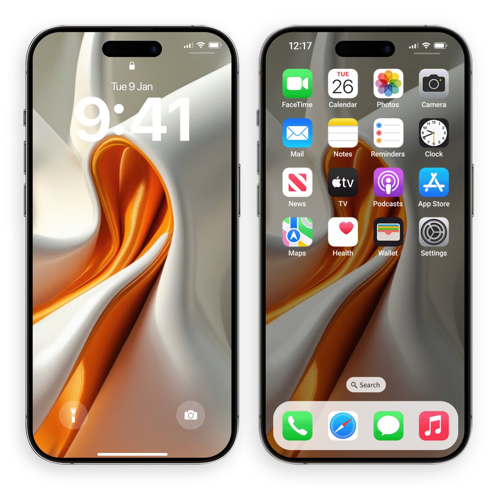 Two smartphones side-by-side displaying the white and orange abstract fluid design on lock screen and home screen layout.