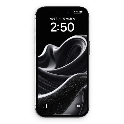 A black iPhone displaying a black glitter liquid glass phone wallpaper on its lock screen, with the time 2:50 visible.