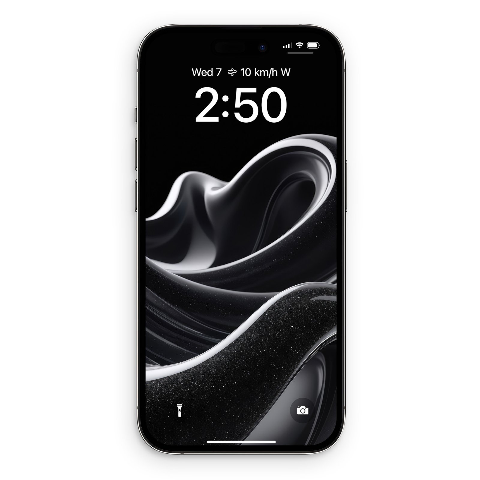 A black iPhone displaying a black glitter liquid glass phone wallpaper on its lock screen, with the time 2:50 visible.