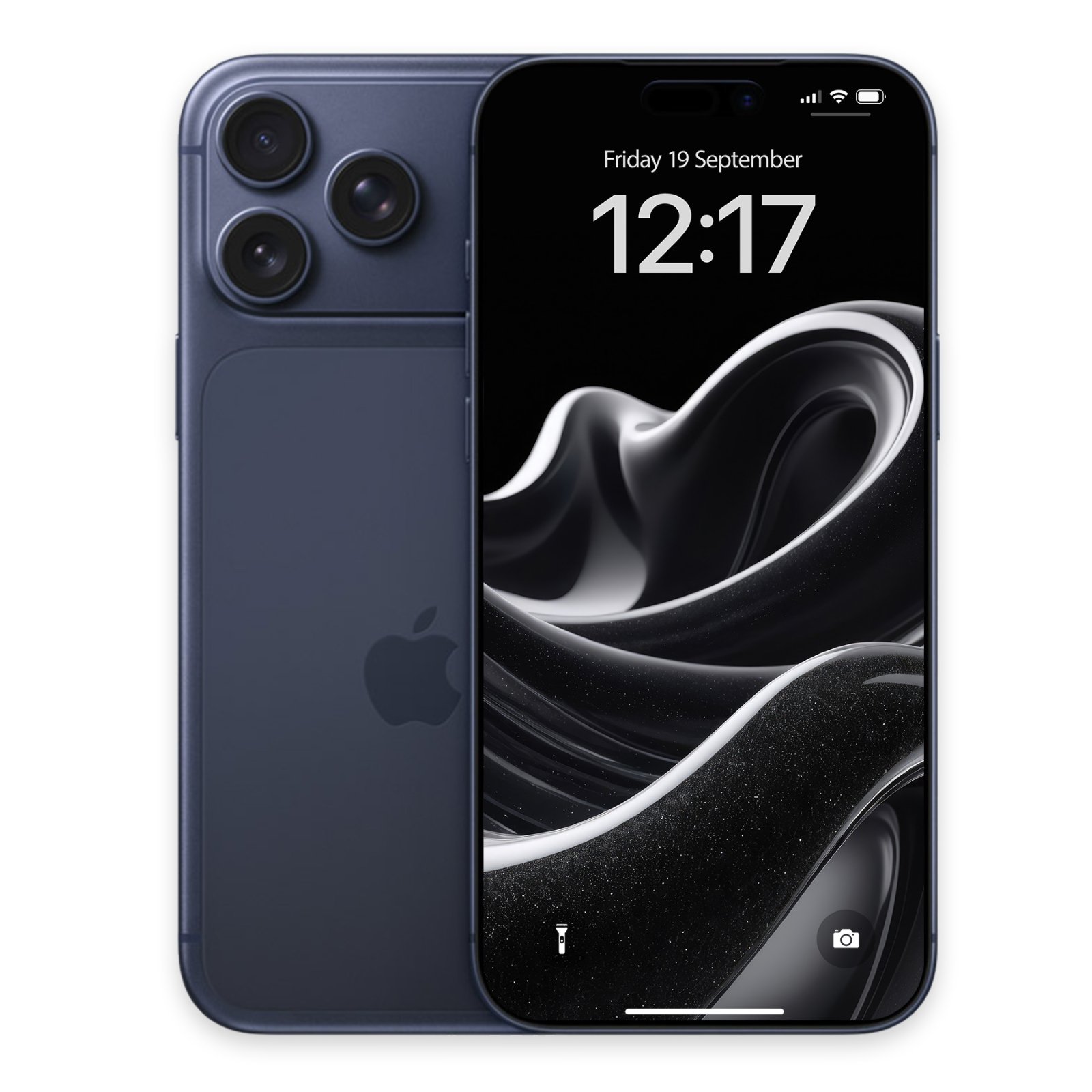 A dark blue iPhone, turned slightly to the left, displaying a black glitter liquid glass phone wallpaper on its lock screen, with the time 12:17 visible.
