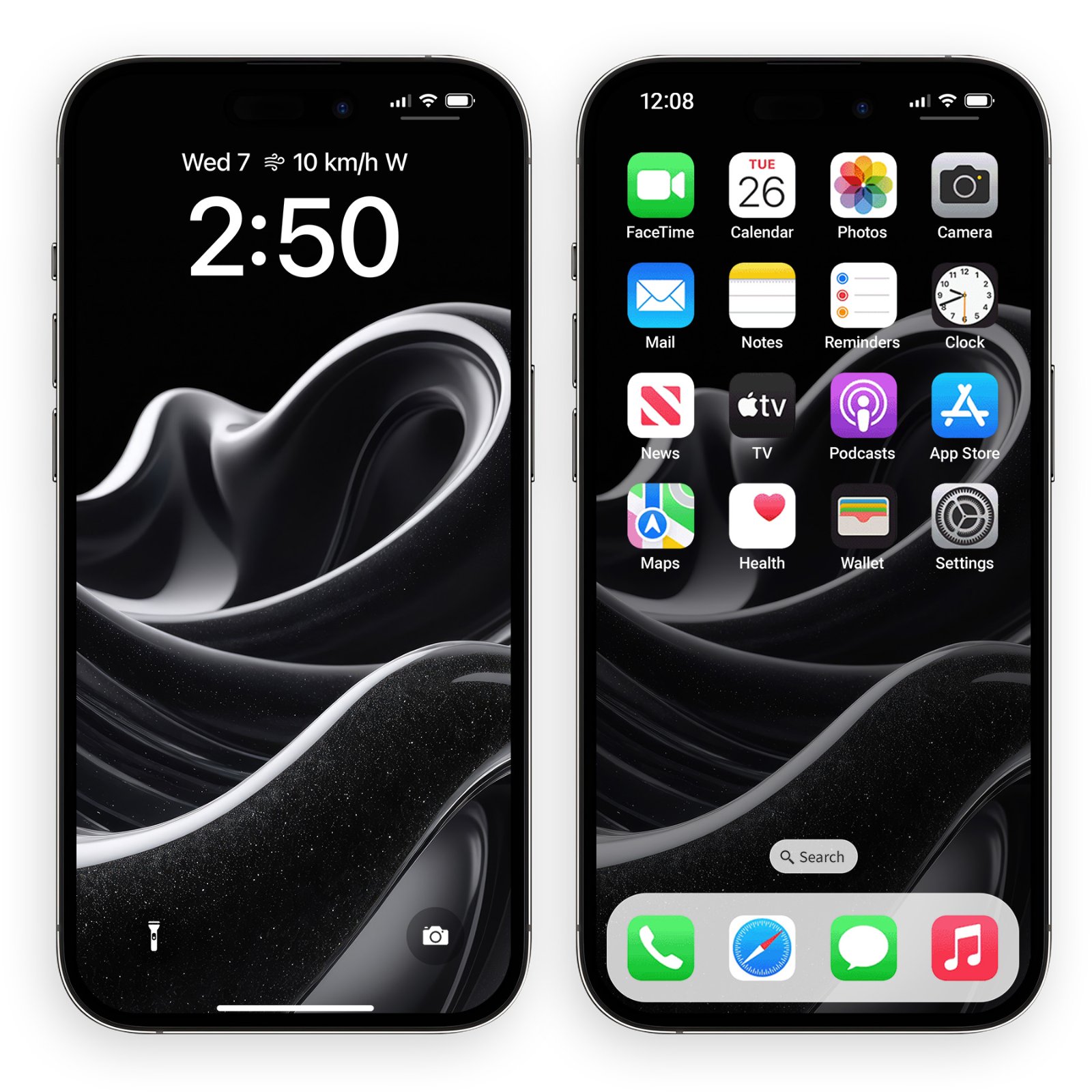 A split image of a black iPhone showing the black glitter liquid glass phone wallpaper on its lock screen and home screen.