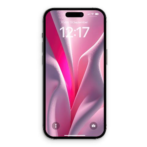 A black iPhone displaying a digital wallpaper of soft pink fabric folds with a bright magenta stripe on its lock screen, showing the date and time.
