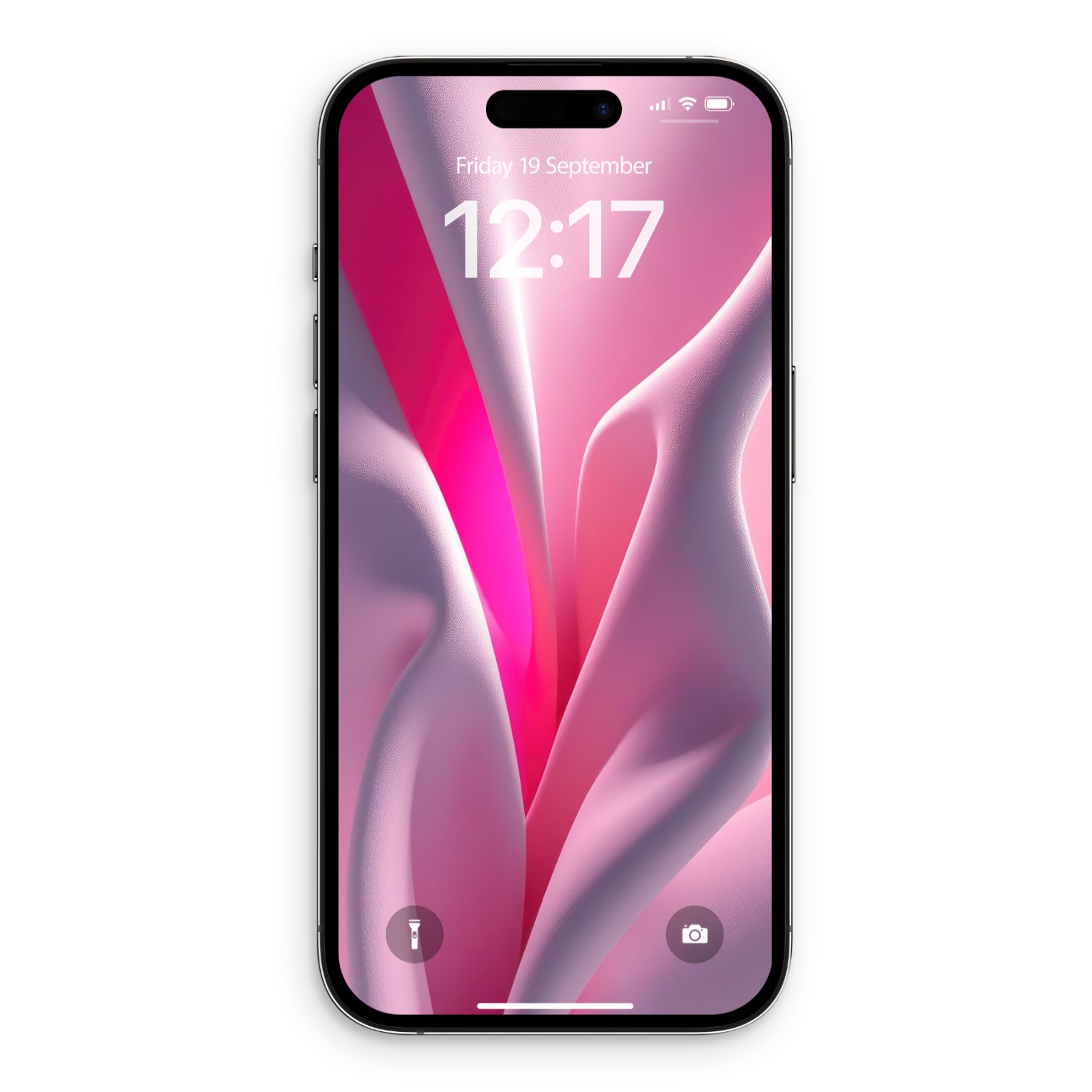A black iPhone displaying a digital wallpaper of soft pink fabric folds with a bright magenta stripe on its lock screen, showing the date and time.