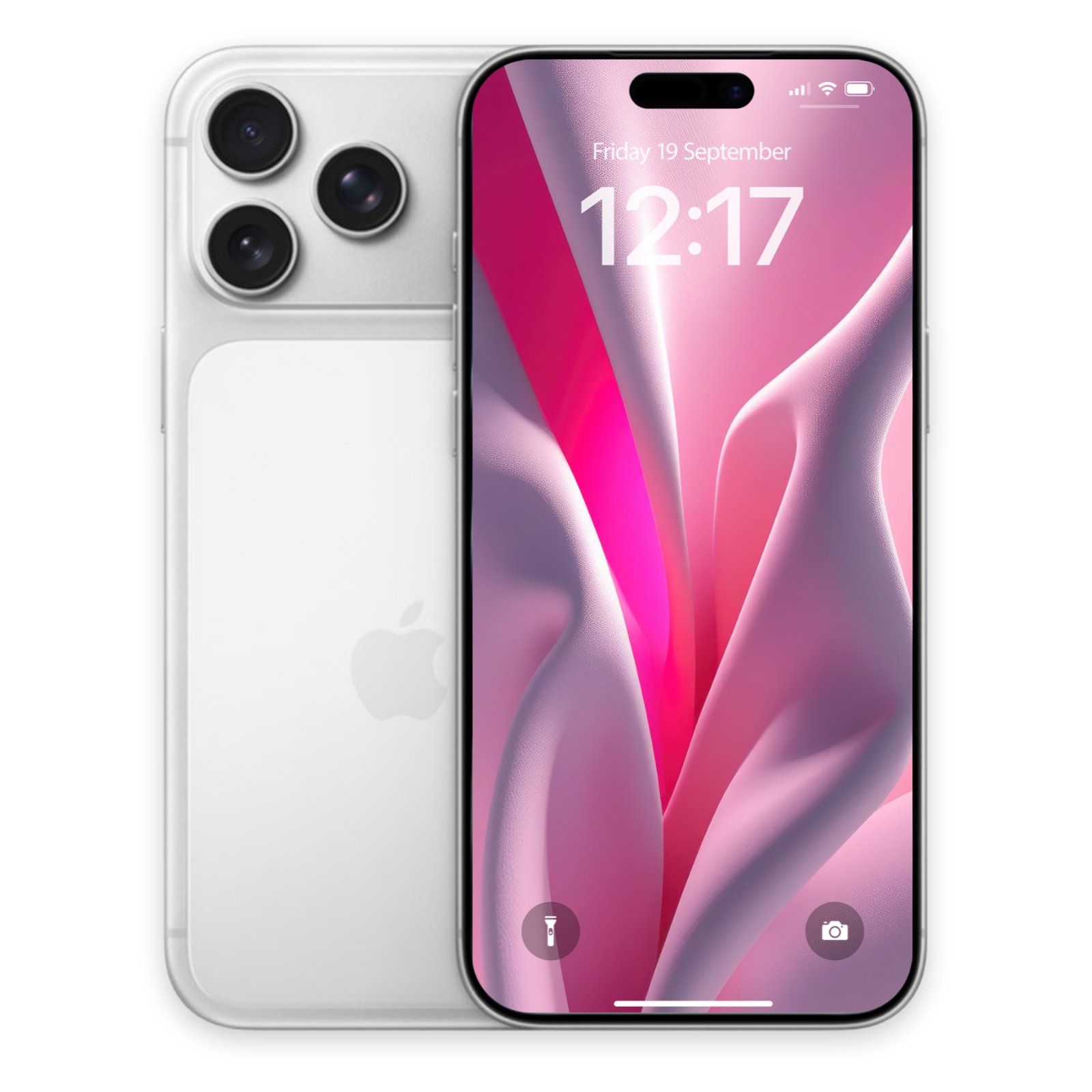 A white iPhone with three cameras on its back, shown next to the same iPhone displaying the pink fabric wallpaper on its lock screen.